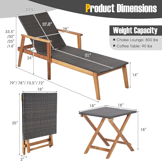 Tangkula 2 Piece Patio Chaise Lounge & Table Set, Outdoor Rattan Recliner w/Folding Side Table - Photo 3