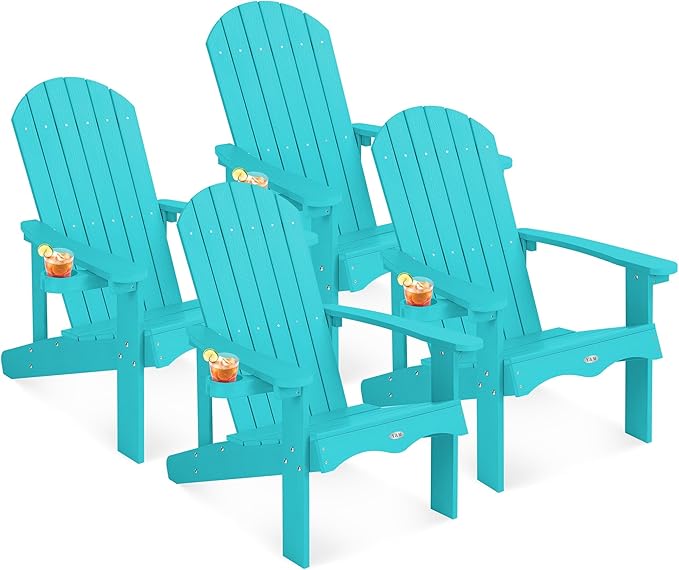 Y&M Adirondack Chair Set of 4, Aruba Blue Fire Pit Chairs, Outdoor Patio Chairs with Cup Holder, Weather Resistant HDPE Wooden Textured Patio Chairs, Perfect for Garden, Lawn, Deck, or Poolside