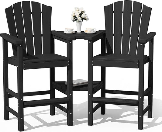 KINGYES Tall Adirondack Chair Set of 2 with Double Connecting Trays, Outdoor HDPE Adirondack Barstools, High Airondack Chair with Wood Grain, Embossed Balcony Chair for Backyard, Black