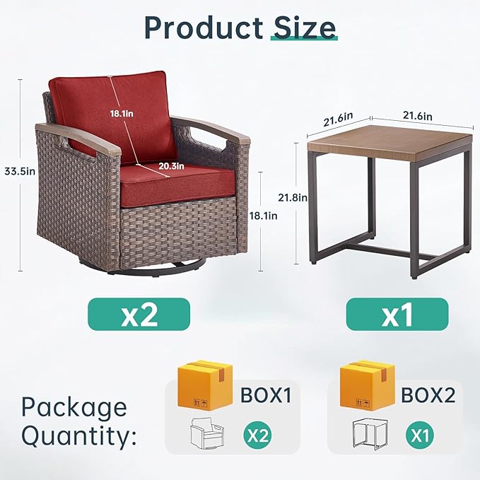 Luxury Outdoor Swivel Rocker Patio Chairs with Metal Side Table - Heavy Duty 3 Piece Patio Furniture Set All Weather Wicker Glider Set with Thick Cushion for Porch, Poolside and Deck - Red