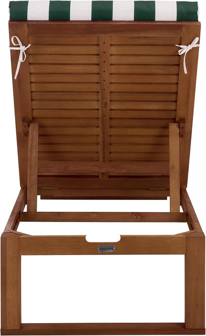SAFAVIEH Outdoor Patio Furniture Collection - Sophie Natural Brown Solid Wood Chaise Lounge Chair, Adjustable Reclining, Hunter Green Stripe Cushion (PAT7101H)
