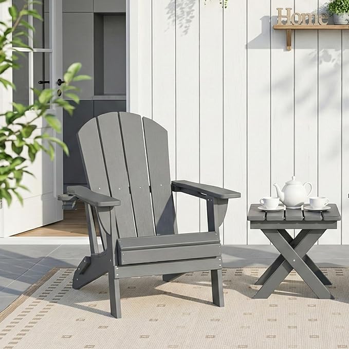 Kingdura Foldable Adirondack Chair, Portable HDPE All Weather Resistant Outdoor Patio Chair, Wooden Textured with Cup Holder, 380LBS Capacity for Poolside, Backyard, Deck, Fire Pit (Grey)