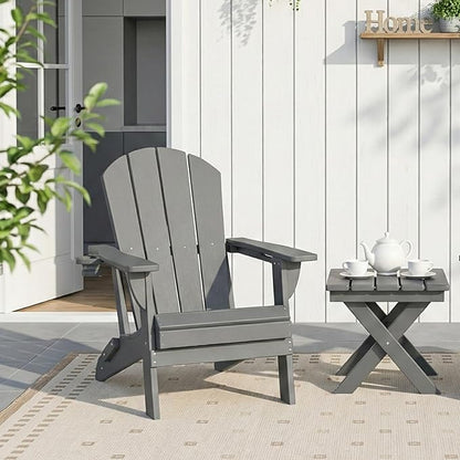 Kingdura Foldable Adirondack Chair, Portable HDPE All Weather Resistant Outdoor Patio Chair, Wooden Textured with Cup Holder, 380LBS Capacity for Poolside, Backyard, Deck, Fire Pit (Grey)