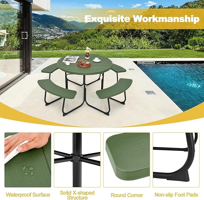 Round Picnic Table for Outdoors, 8 Person Outdoor Picnic Tables & Benches Set with Umbrella Hole - Photo 7