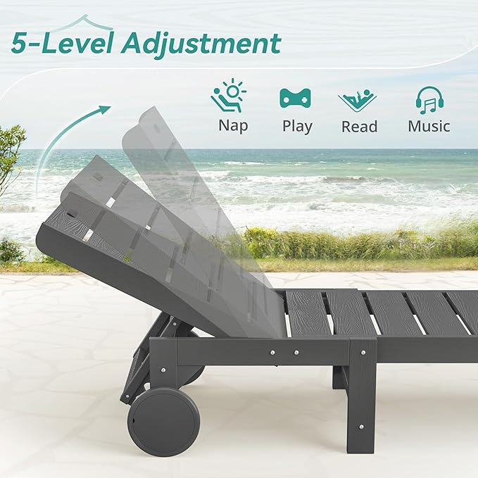 Outdoor Chaise Lounge Chairs with Table, 3-Piece, 26.8” Super Wide Lounge Chair Outdoor, HDPS Pool Chairs with 5 Positions, Patio Lounge Chair with Wheels for Pool,Lawn,Backyard, Dark Gray