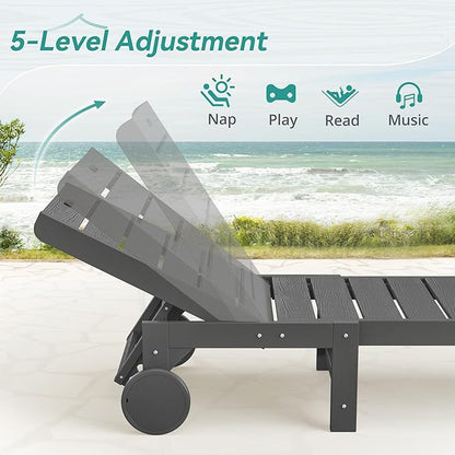 Outdoor Chaise Lounge Chairs with Table, 3-Piece, 26.8” Super Wide Lounge Chair Outdoor, HDPS Pool Chairs with 5 Positions, Patio Lounge Chair with Wheels for Pool,Lawn,Backyard, Dark Gray