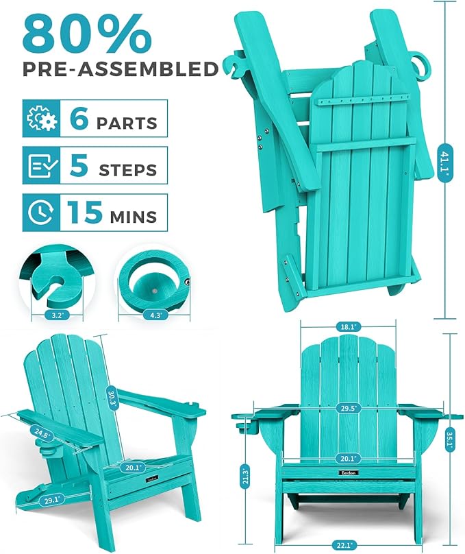 Folding Adirondack Chair, HDPE Adirondack Chair with 2 Cup Holders, Pre-Assembled Outdoor Fire Pit Chairs for Patio - Photo 3