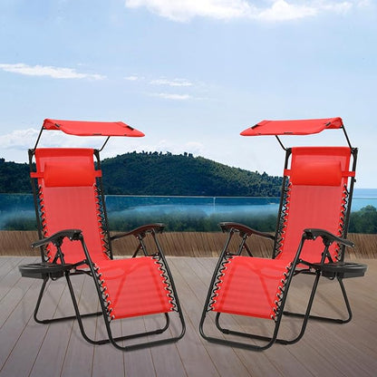 Athena Collection Patio Chairs Set of 2 Reclining Lounge Chair with Cup Holder and Pillow Fabric Camping Chairs with Canopy Foldable Beach Chairs for Garden, Park, Deck, Yard, Poolside, Red