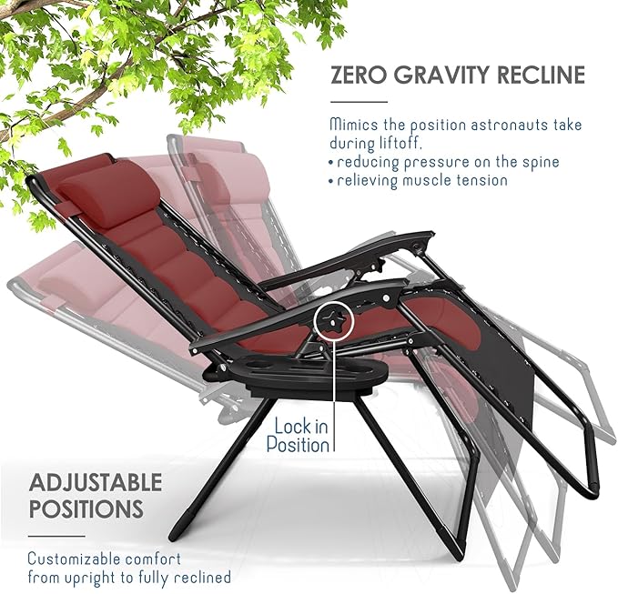 Nestl Outdoor Padded Zero Gravity Chair Set of 2, Patio Lounge Chair Outdoor Recliner, Oversized Anti Gravity Lounger with Adjustable Headrest and Cup Holder, Foldable for Camping - Black/Burgundy