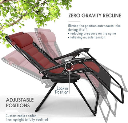 Nestl Outdoor Padded Zero Gravity Chair Set of 2, Patio Lounge Chair Outdoor Recliner, Oversized Anti Gravity Lounger with Adjustable Headrest and Cup Holder, Foldable for Camping - Black/Burgundy