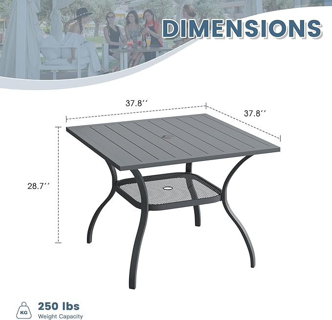 DIFY Square Patio Dining Table for 4, 38" Grey Outdoor Metal Dining Table with 1.57" Umbrella Hole for Backyard, Lawn, Garden and Deck