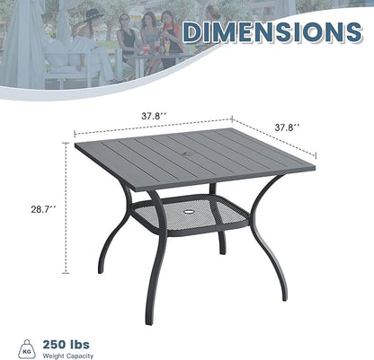 DIFY Square Patio Dining Table for 4, 38" Grey Outdoor Metal Dining Table with 1.57" Umbrella Hole for Backyard, Lawn, Garden and Deck