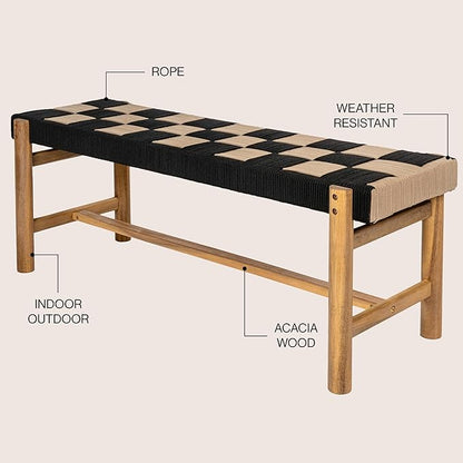 Eyely HNB202A Denis 48" 2-Seat Backless 700-Lbs Support Acacia Wood Outdoor Bench with Checkerboard Woven Rope Seat for Patio, Garden, Lawn, Backyard, Pool, Deck, Beach, Black/Beige