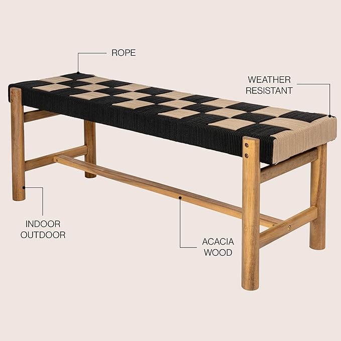 JONATHAN Y BNH202A Denis 48" 2-Seat Backless 700-Lbs Support Acacia Wood Outdoor Bench with Checkerboard Woven Rope Seat for Patio, Garden, Lawn, Backyard, Pool, Deck, Beach, Black/Beige