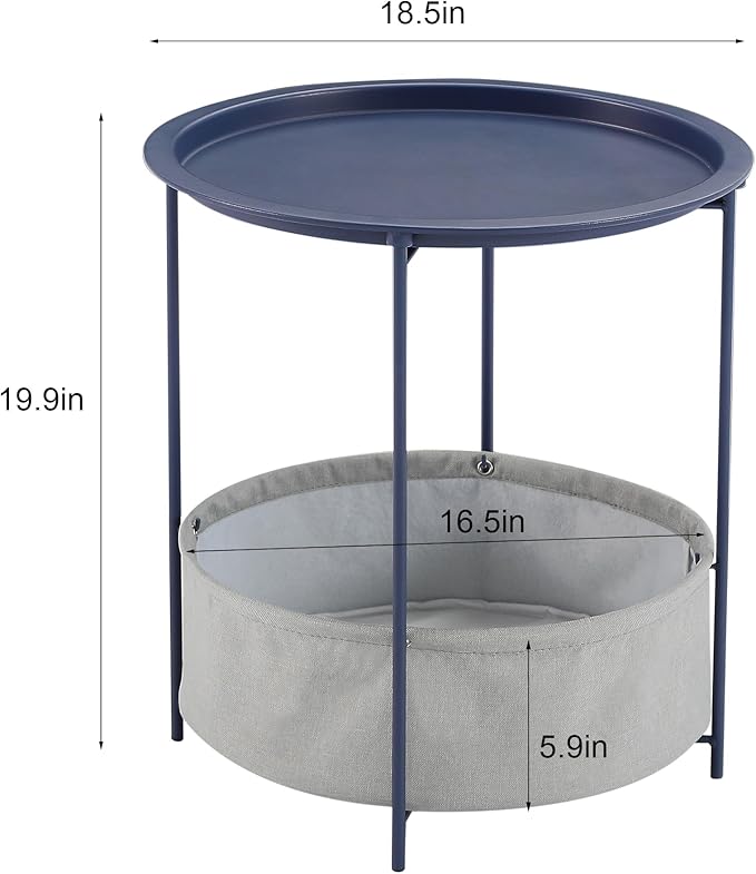 VECELO Round Side/End Table with Fabric Storage Basket，Metal Anti-Rust and Waterproof Small Bedside Nightstand with - Photo 3