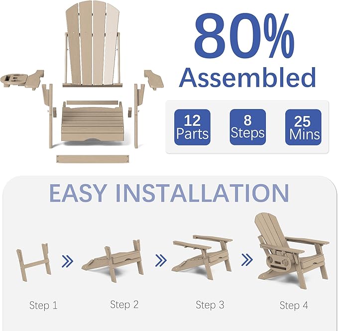 FOOWIN Adirondack Chair with Retractable Ottoman,HDPE Folding Adjustable Adirondack Chair w/4 in 1 Cup Holder Trays,All-Weather Resistant Fire Pit Chair for Outdoor Patio Lawn Set of 6