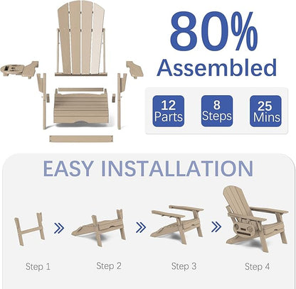 FOOWIN Adirondack Chair with Retractable Ottoman,HDPE Folding Adjustable Adirondack Chair w/4 in 1 Cup Holder Trays,All-Weather Resistant Fire Pit Chair for Outdoor Patio Lawn Set of 8