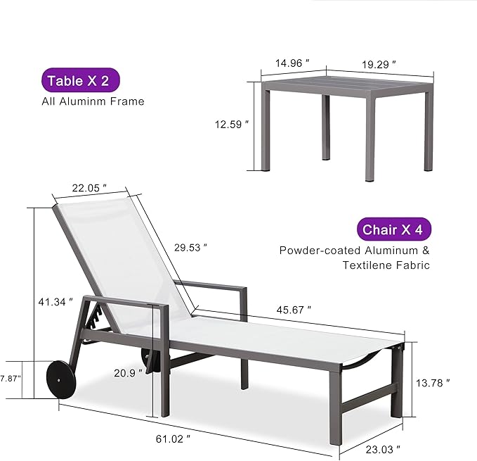 PURPLE LEAF Outdoor Chaise Lounge Set for 4 Aluminum Patio Chaise Lounger Chairs with Armrest and Wheels Adjustable - Photo 3