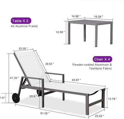 PURPLE LEAF Outdoor Chaise Lounge Set for 4 Aluminum Patio Chaise Lounger Chairs with Armrest and Wheels Adjustable Pool Chaise Lounge Chair for Beach Yard Poolside Table Included, White