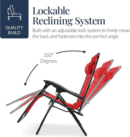 Best Choice Products Oversized Padded Zero Gravity Chair, Folding Outdoor Patio Recliner, XL Anti Gravity Lounger for Backyard w/Headrest, Cup Holder, Side Tray, Polyester Mesh - Crimson Red
