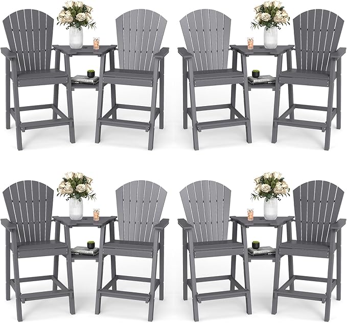 FOOWIN Tall Adirondack Chair Set of 8, All Weather HDPE Bar Height Adirondack Chair with Double Connecting Trays, Adirondack Barstools for Balcony, Deck, Backyard, Patio, Garden Grey