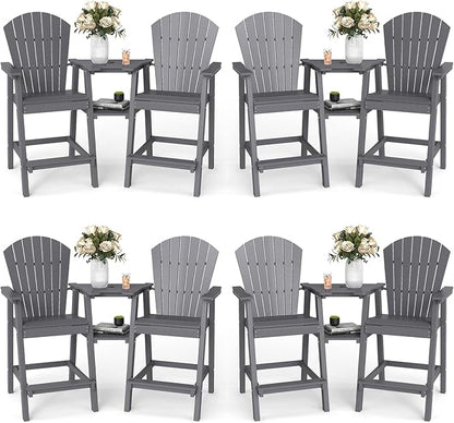 FOOWIN Tall Adirondack Chair Set of 8, All Weather HDPE Bar Height Adirondack Chair with Double Connecting Trays, Adirondack Barstools for Balcony, Deck, Backyard, Patio, Garden Grey