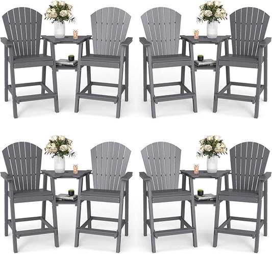 FOOWIN Tall Adirondack Chair Set of 8, All Weather HDPE Bar Height Adirondack Chair with Double Connecting Trays, Adirondack Barstools for Balcony, Deck, Backyard, Patio, Garden Grey