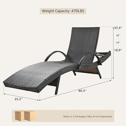 Set of 4 Dark Brown Outdoor Chaise Lounge Chairs, Wicker Patio Lounge Chairs with Adjustable Backrest and Armrests, Durable PE Rattan Pool Chair for Patio, Poolside and Garden