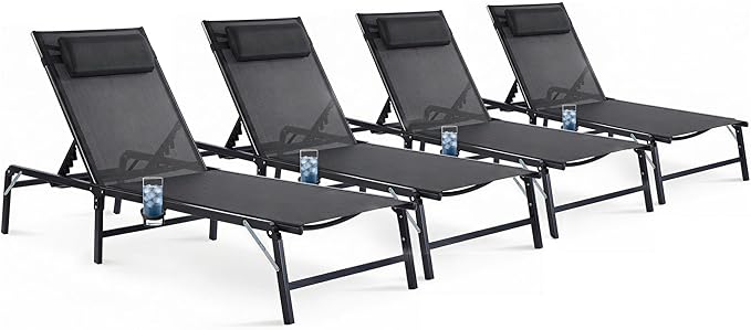 Foldable Outdoor Lounge Chairs Set of 4, No Assembly Chaise Lounge Outdoor with Cup Holder and 6 Adjustable Positions - Photo 1