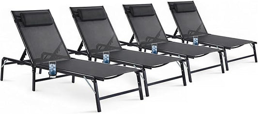 Foldable Outdoor Lounge Chairs Set of 4, No Assembly Chaise Lounge Outdoor with Cup Holder and 6 Adjustable Positions, Patio Lounge Chair with Detachable Pillow for Outside Poolside Beach Pool, Black