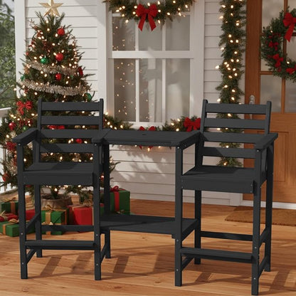 Tall Adirondack Chairs Set of 2, Bar Height HDPE Outdoor Chairs with Connecting Tray & Umbrella Hole, Balcony Patio Adirondack Chairs for Deck, Garden, Lawn,Black