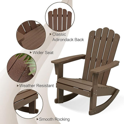 Psilvam Adirondack Patio Rocking Chair, Poly Lumber Porch Rocker with High Back, 350Lbs Support Adirondack Rocking Chairs for Both Outdoor and Indoor, Poly Rocker Chair Looks Like Real Wood
