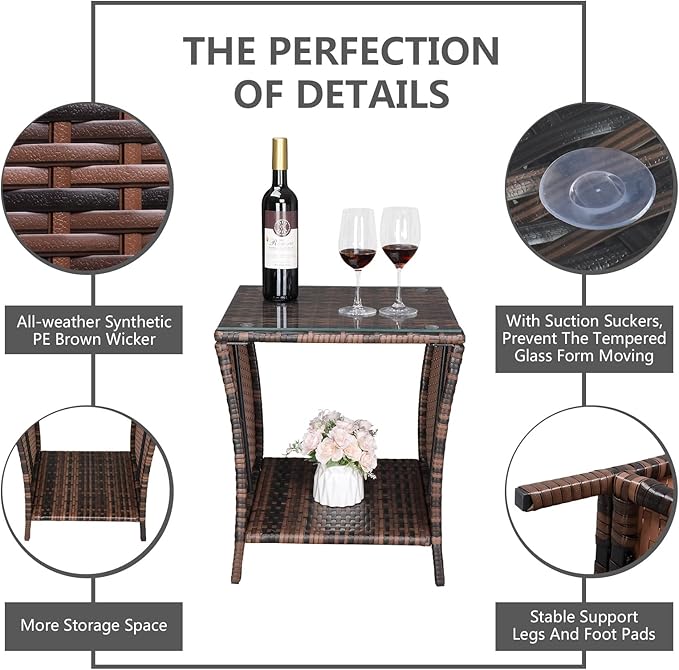 Outvita Outdoor Side Table, Rattan Coffee Table Small End Table with Glass Top Storage for Patio Porch Backyard Balcony - Photo 5