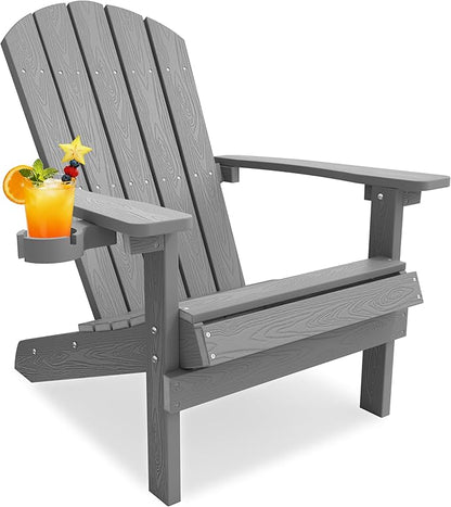 YEFU Adirondack Chair for Outdoor Patio: Zero Gravity Fire Pit Chair Plastic with Cup Holder & Wood Texture - Sturdy All-Weather HIPS for Backyard Poolside Lawn - Easy Assembly(Grey)