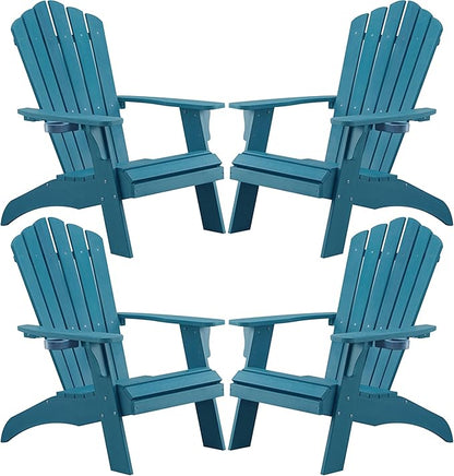 Psilvam Adirondack Chair, Oversized Poly Lumber Fire Pit Chair with Cup Holder, 350Lbs Support Patio Chairs for Garden, Weather Resistant Outdoors Seating, Relaxing Gift for Father & Mother (4, Blue)
