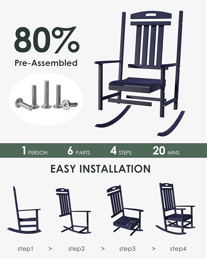 Outdoor Rocking Chair, All-Weather Resistant Poly Lumber Rocker Chair Outdoor, High Back Plastic Patio Rocking Chairs for Outside Porch Rocker Garden Lawn, Navy Blue