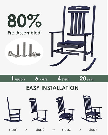 Outdoor Rocking Chair, All-Weather Resistant Poly Lumber Rocker Chair Outdoor, High Back Plastic Patio Rocking Chairs for Outside Porch Rocker Garden Lawn, Navy Blue