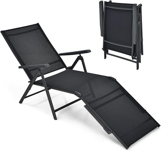 Giantex Patio Lounge Chair Foldable Chaise Lounger, Outdoor Sunbathing Chair W/ 5-Position Backrest, 2-Position Footrest, Steel Frame, Portable Recliner for Yard, Lawn Tanning Pool Chairs (1, Black)
