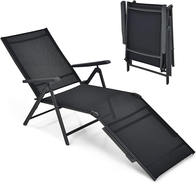 COSTWAY Folding Chaise Lounge, Lightweight & Breathable Fabric, Outdoor Tanning Recliner Chair for Deck, Beach (Black) - Photo 1