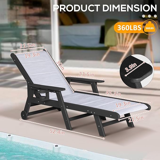 Outdoor Chaise Lounge Chair with Table, 5-Position Adjustable Patio Lounge Chair with Wheels & Cup Holder, HDPE Pool Lounge Chair for Outside, Poolside & Beach (Black+White)