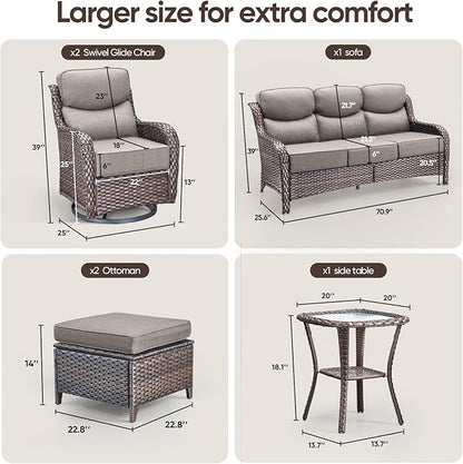 Swivel Patio Chairs sofa Set of 6 - 6" Thick Cushion - Wicker Outdoor Swivel Rocker Patio Chair ,Sofa/Glass coffee table, High Back Comfortable Outdoor Glider Chairs - Brown Wicker Grey Cushions