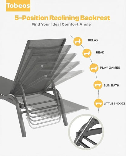 Outdoor Chaise Lounge Chair Set of 30, 5-Position Adjustable Patio Lounge Chair with Aluminum Frame, Textilene Fabric Pool Loung Chairs for Poolside, Deck, Backyard (Grey)