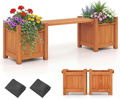 HAPPYGRILL Outdoor Bench with 2 Raised Garden Beds, 2-in-1 Outdoor Planter Box with Open-Ended Base, Wooden Garden Bench for Flowerpots, Indoor Patio Yard Porch Decoration (1)