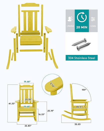 SERWALL Outdoor Rocking Chair Set of 2, Patio Rocking Chairs Set, HDPE Rocking Chair Outdoor for Adults, Heavy Duty Front Porch Rocker, Yellow