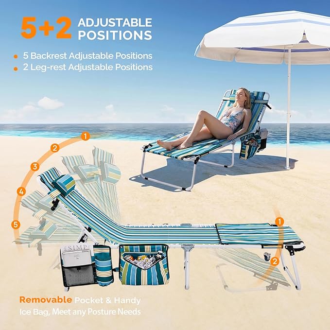VINGLI Oversized Tanning Chair with Face Hole & Carrying Bag, Beach Lounge Chair Outdoor for Adults, Folding Lounge Chair for Sun Tanning, laying Out Chairs for Tanning Lounger Outside, 475lbs, Stripe