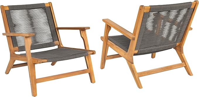 Christopher Knight Home Veera Patio Lounge Chair Set of 2, Acacia Wood Frame, Handwoven Rope, Mid-Century Modern, Dark Grey & Teak