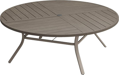 DIFY 63" Round Outdoor Patio Dining Table for 8-10, All-Weather Metal Steel Slatted Patio Table with 1.57" Adjustable Umbrella Hole for Garden, Backyard, Deck, Grey Wood-Like