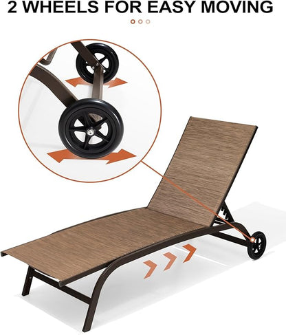 Crestlive Products Outdoor Chaise Lounge Chairs with Wheels Set of 2, Pool Lounge Chairs with 5 Adjustable Position for Patio, Poolside, Yard, Brown