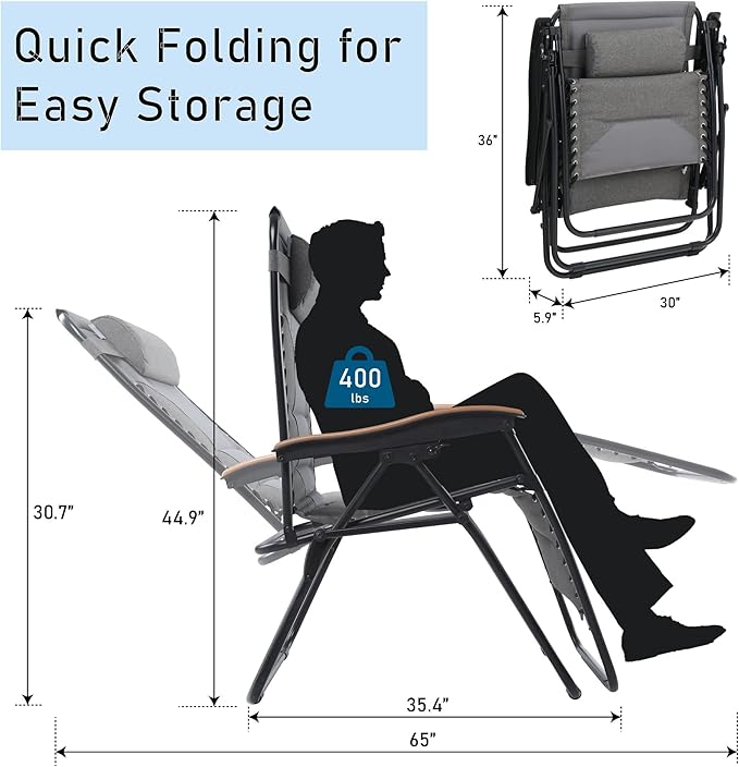 PHI VILLA XXL Oversized Padded Zero Gravity Chair Set of 2, Foldable Patio Recliner - Photo 2