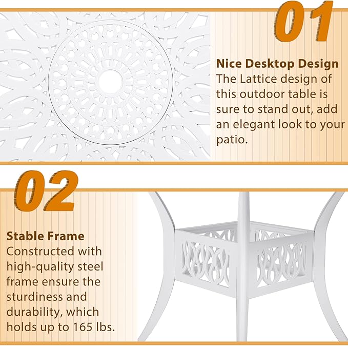 Outdoor Cast Aluminum Patio Table, 35.4” Round Bistro Table with 2” Umbrella Hole for Patio Furniture Garden Deck Backyard, White